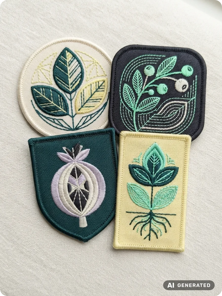 AI-genererad bild. Fyra broderade märken med botaniska motiv i grönt, gult och lila, löst grupperade på cremefärgat tyg.